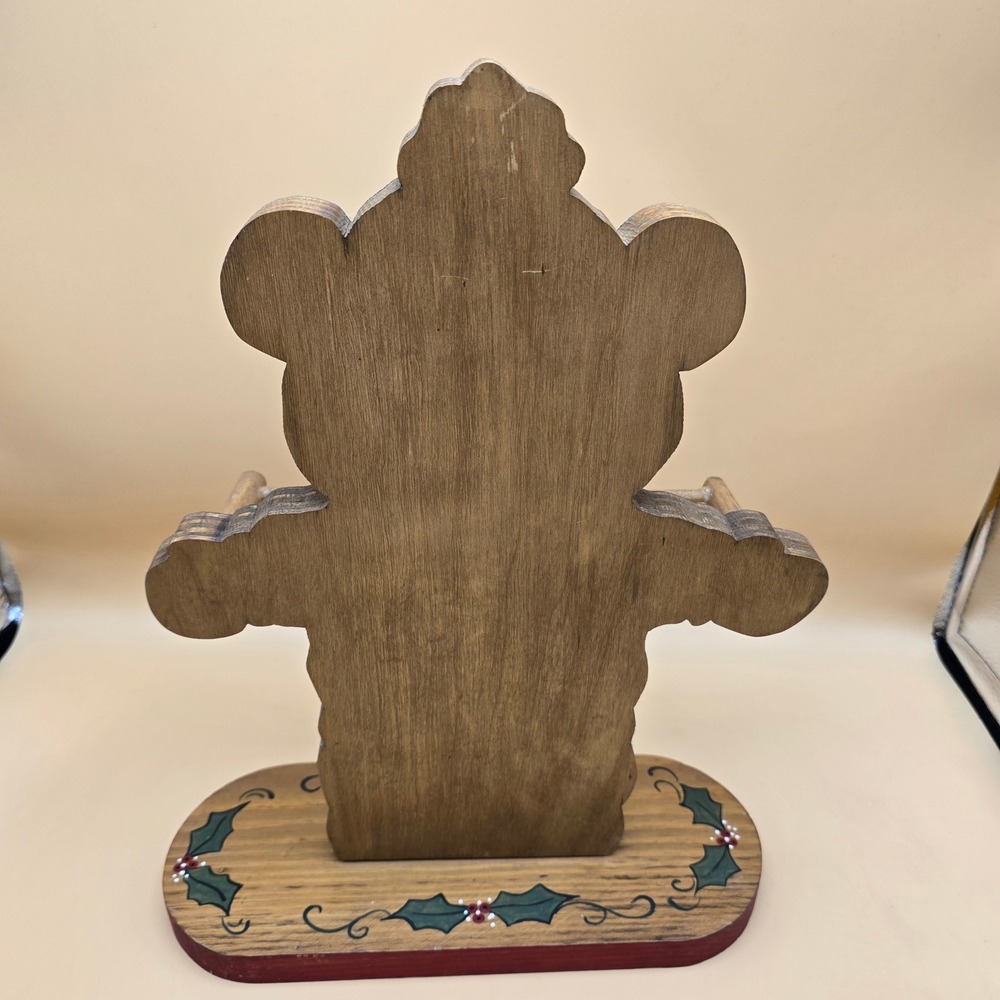 Vintage Christmas Wooden Teddy Bear Towel Holder Hand Painted Folk Art Holiday - Picture 7 of 16
